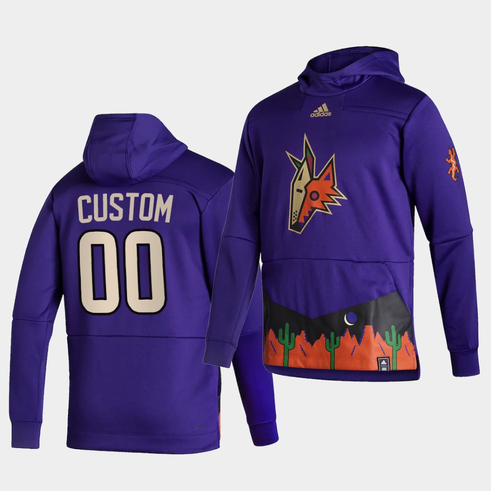 Men Arizona Coyotes #00 Custom Purple NHL 2021 Adidas Pullover Hoodie Jersey